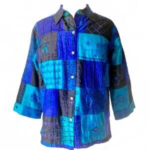 Chico's Design Blue Silk Patchwork Beaded Lightweight Jacket
